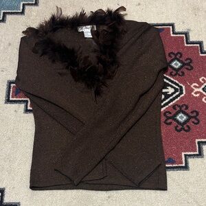 Dress Barn Brown V-Neck Sweater with Feather Detail